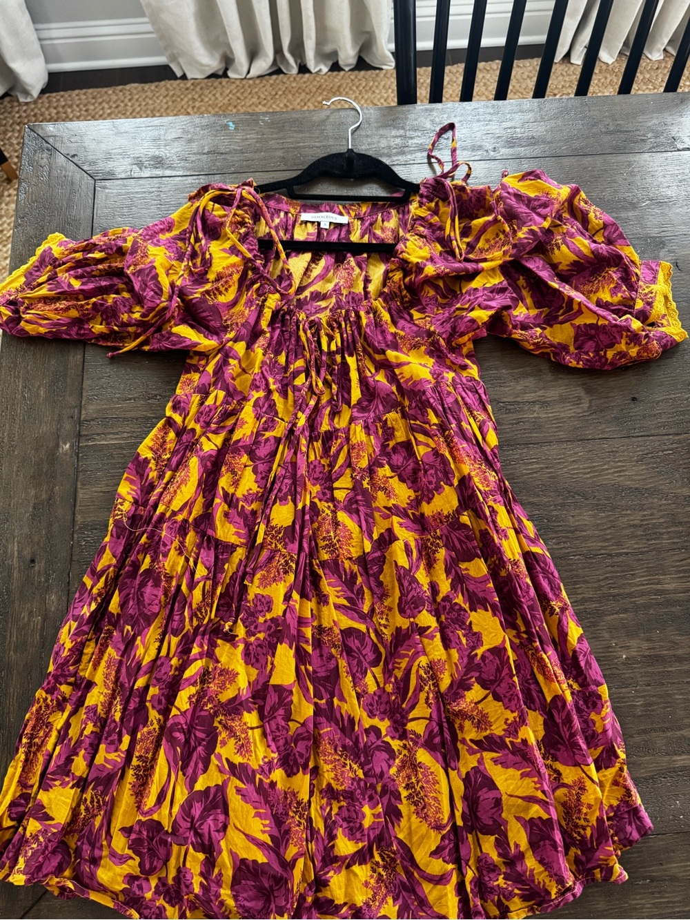 OLIVACEOUS Yellow & Magenta Floral Puff-Sleeve Mini Dress